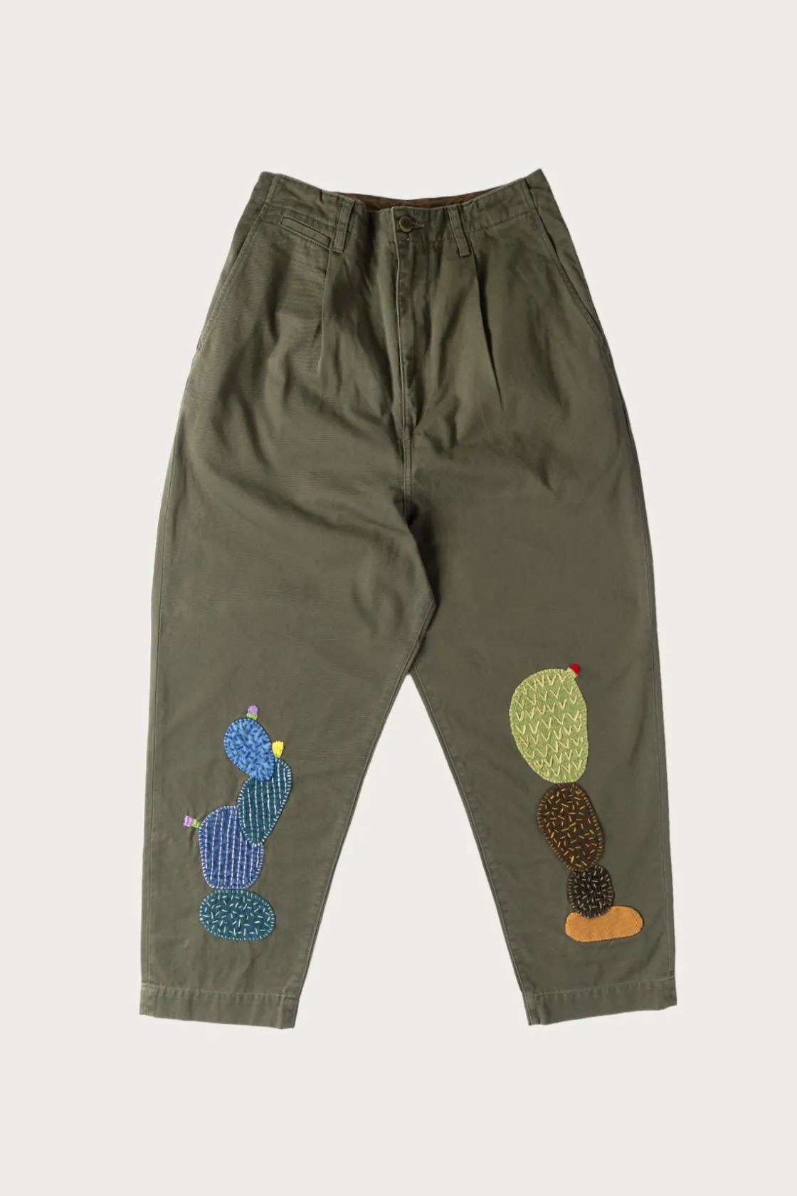 Pants<Kapital Chino High Waisted NIME Pants (CACTUS Embroidery) - Khaki
