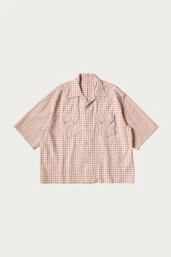 Shirts<Kapital Cotton Linen Seersucker Check Open-Collar Western BIG Shirt - Red