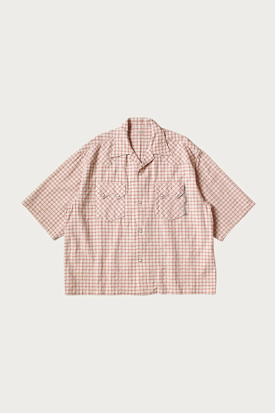 Shirts<Kapital Cotton Linen Seersucker Check Open-Collar Western BIG Shirt - Red