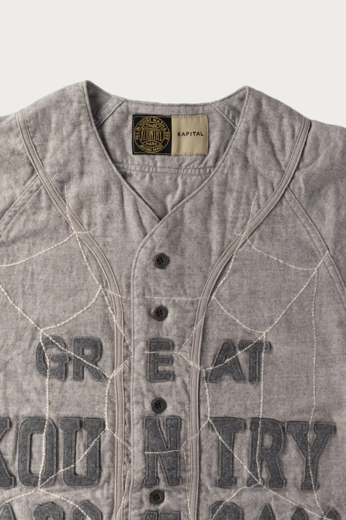 Shirts<Kapital Cotton Wool GREAT KOUNTRY Baseball Shirt (KOUNTRY DREAM CATCH Remake) - Light Grey
