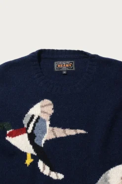 Sweaters<Beams Plus Crew Intarsia Duck Pattern - Navy