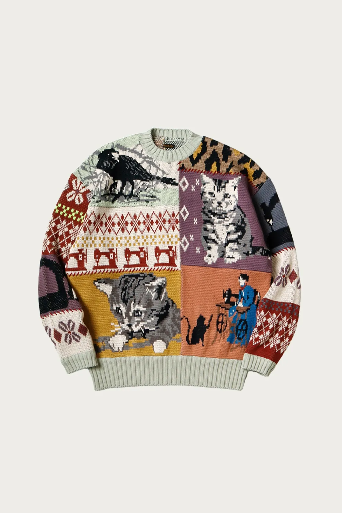 Sweaters<Kapital 5G Cotton Knit Patchwork BIG Crew Sweater(Cat&Raven) - Mint