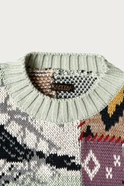Sweaters<Kapital 5G Cotton Knit Patchwork BIG Crew Sweater(Cat&Raven) - Mint