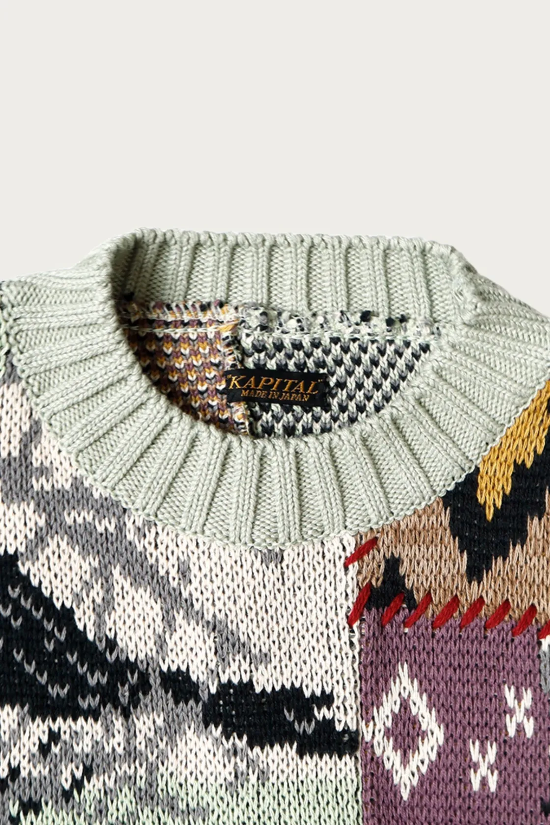 Sweaters<Kapital 5G Cotton Knit Patchwork BIG Crew Sweater(Cat&Raven) - Mint