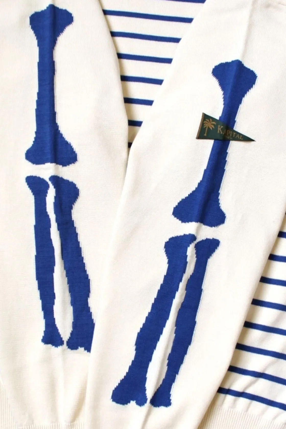 Sweaters<Kapital 12G Panel Stripe Knit Boat-Neck Sweater (BONE Sleeve) - Navy Blue