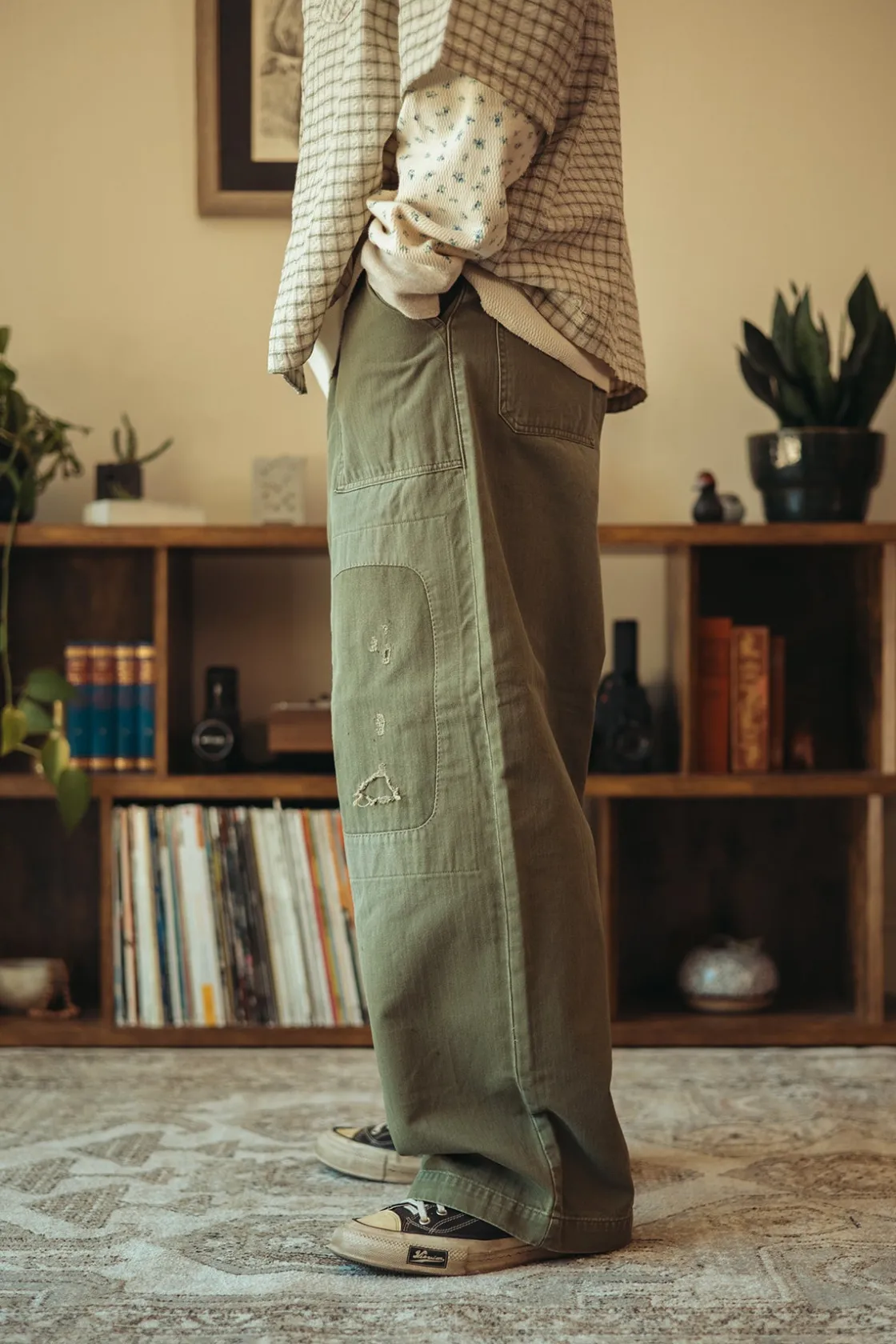 Pants<Kapital Herringbone FATIGUE Baggy Pants (RUSHFILED Remake) - Khaki