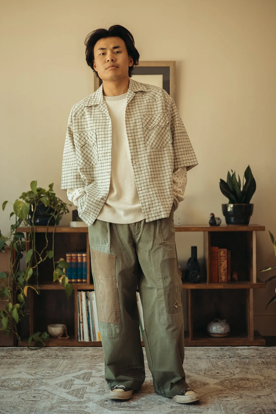 Pants<Kapital Herringbone FATIGUE Baggy Pants (RUSHFILED Remake) - Khaki