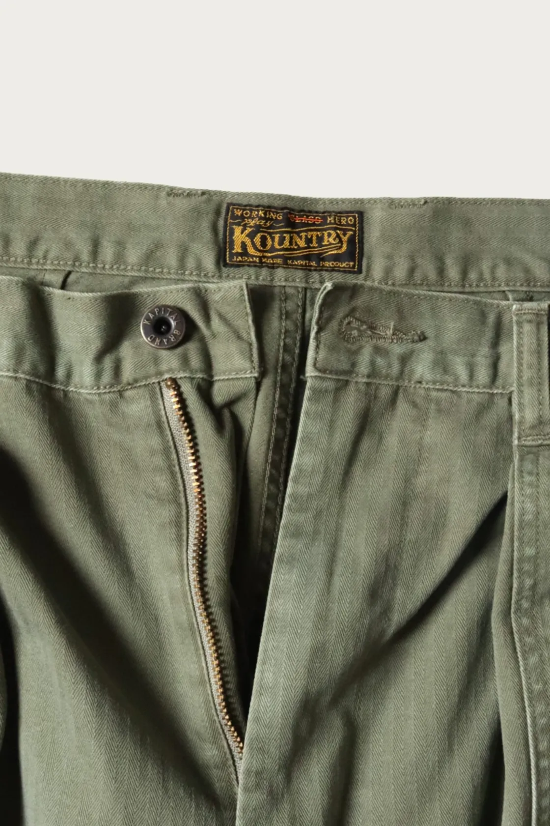 Pants<Kapital Herringbone FATIGUE Baggy Pants (RUSHFILED Remake) - Khaki