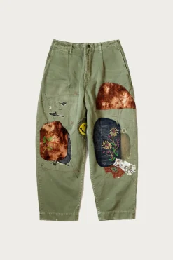 Pants<Kapital Katsuragi Cotton High Waist NIME Pants (Gypsy Patch Remake) - Khaki