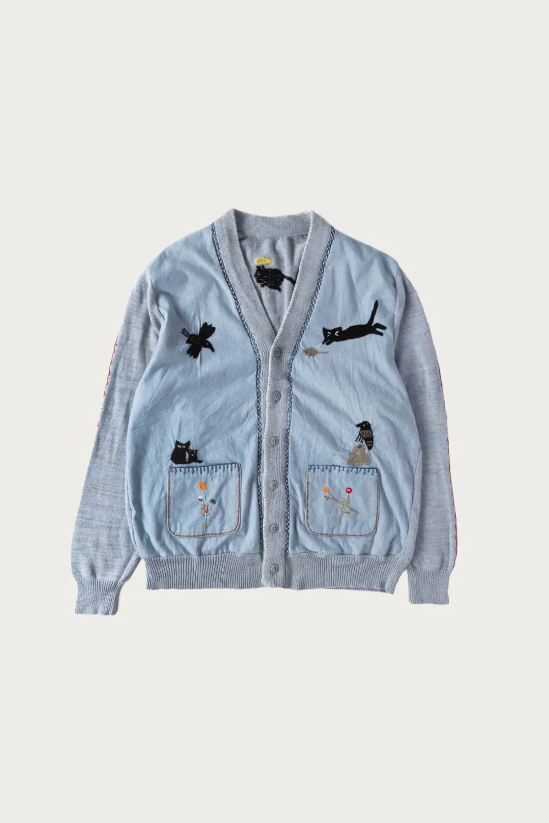 Sweaters<Kapital Knit x Chambray Cardigan (Raven & Cat Embroidery) - Sax