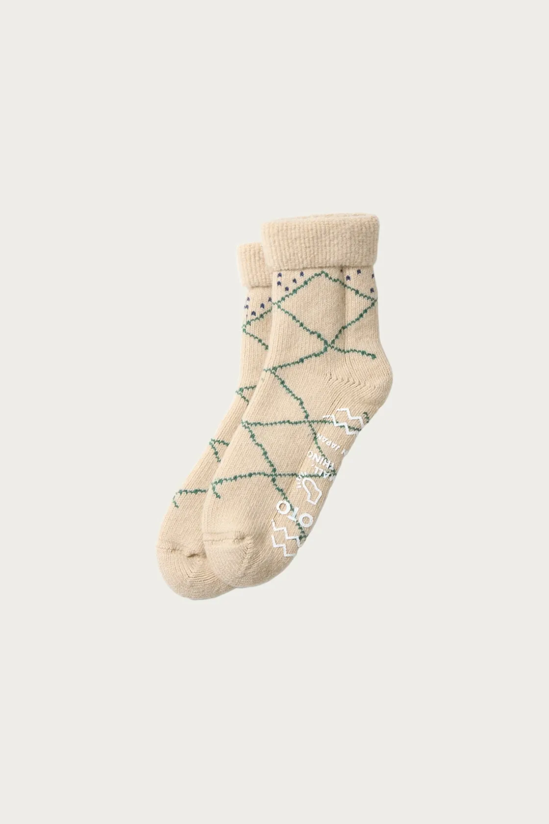 Accessories<Rototo Merino Lambs Wool Room Socks "Beni Ouarain" - Ecru/Green